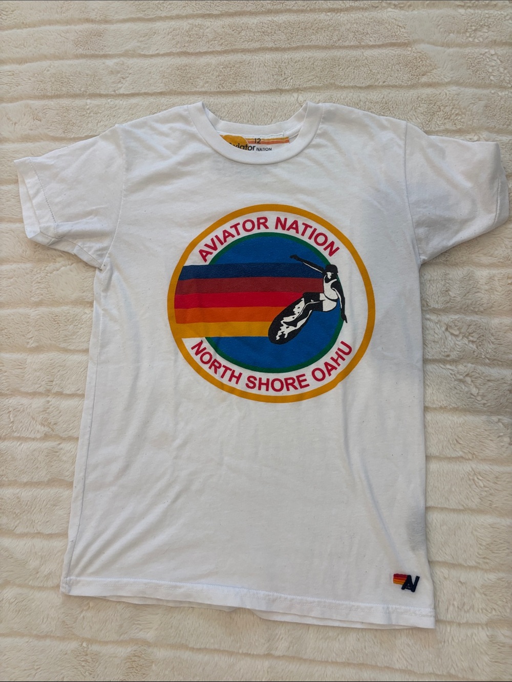 Aviator Nation White Tee with Rainbow Surf Logo
